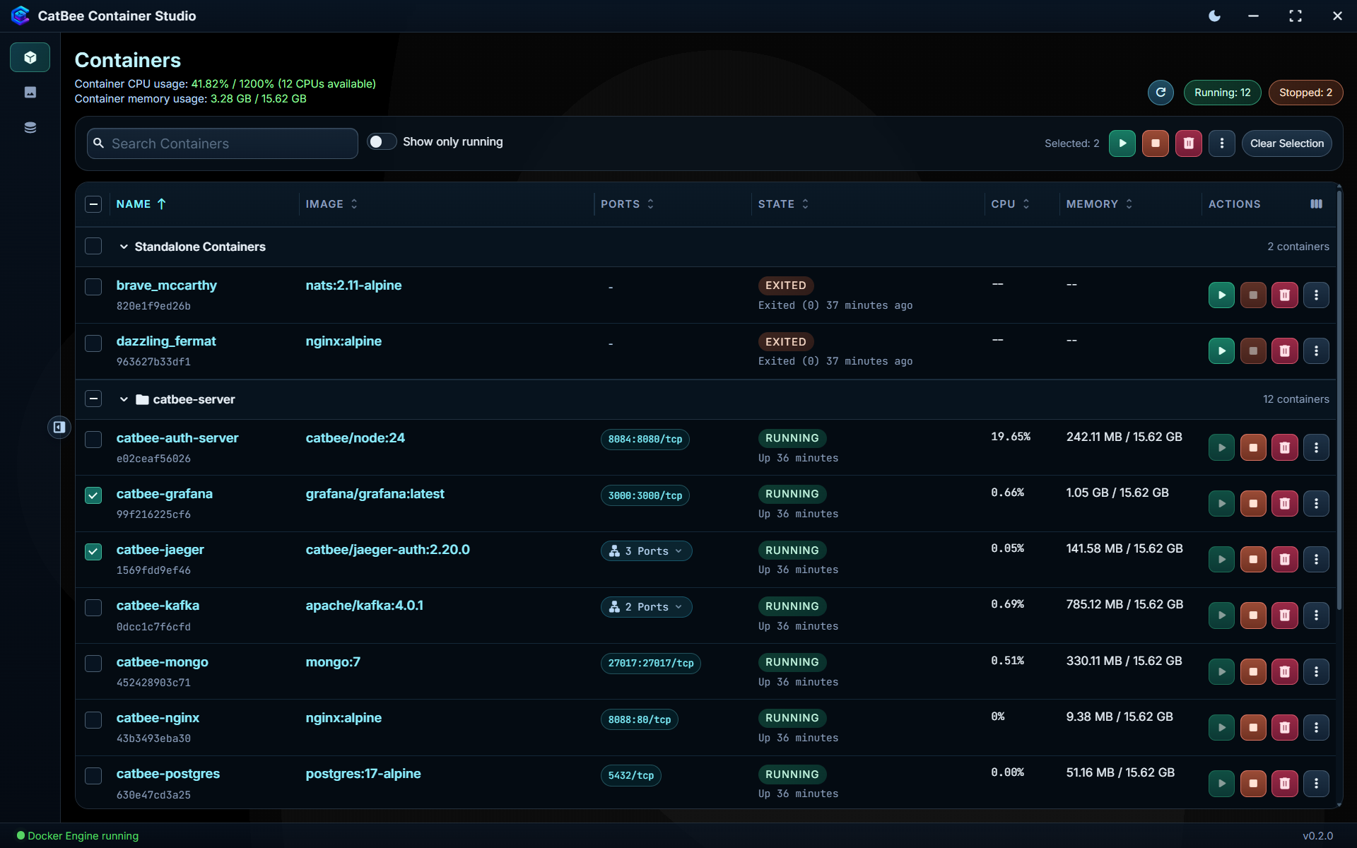 CatBee Container Studio showing running Docker containers